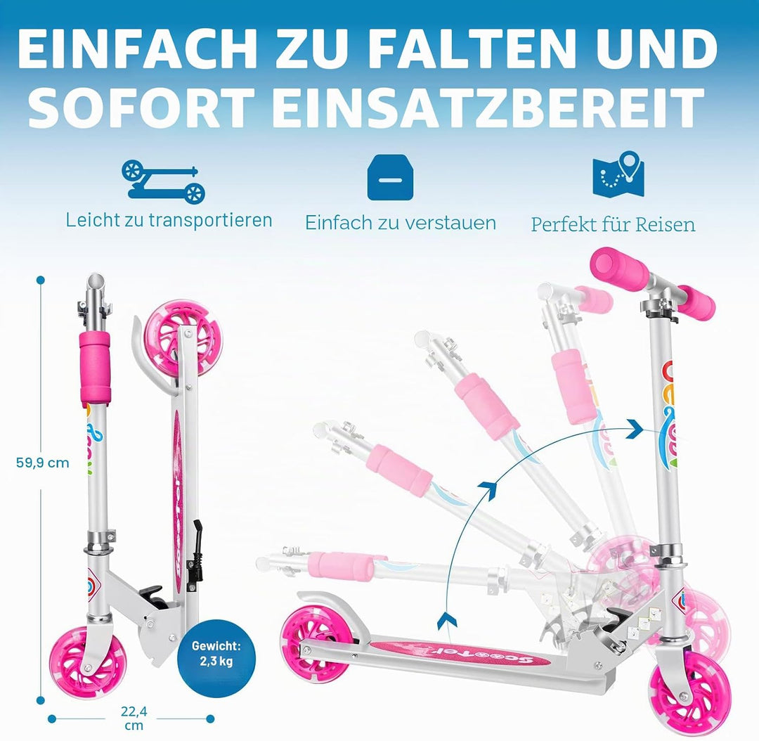 BELEEV Roller Kinder 2 Räder, Klappbar Kinderroller für Mädchen Jungen, Tretroller mit LED Leuchtend