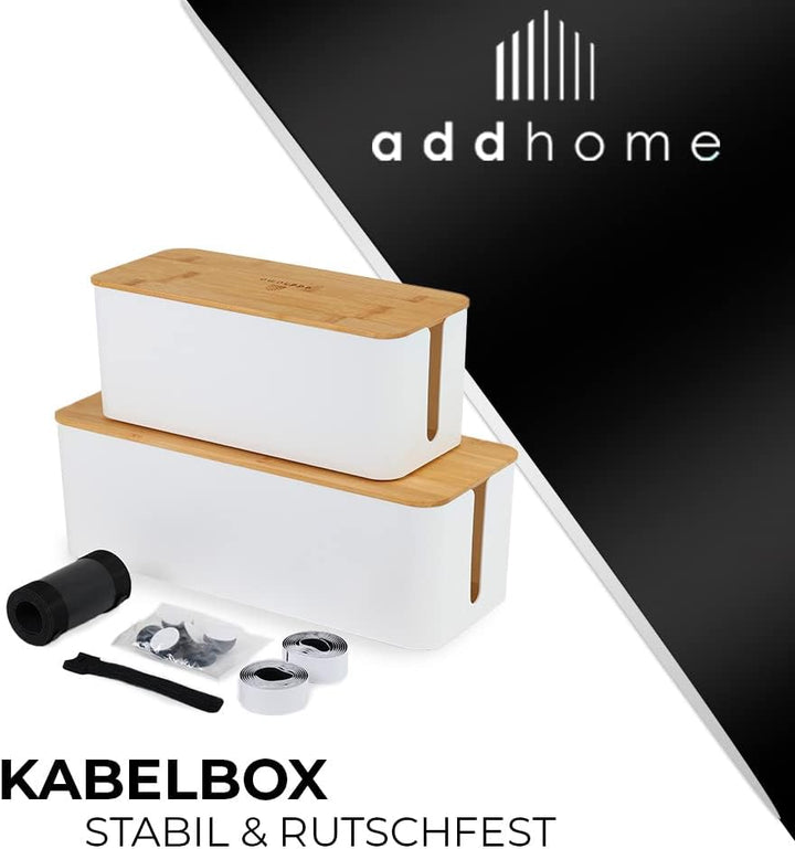 addhome Kabelbox 2er Set | Kabelchaos ordnen mit Stil | Weisser ABS-Kunststoff und Bambusdeckel | pa