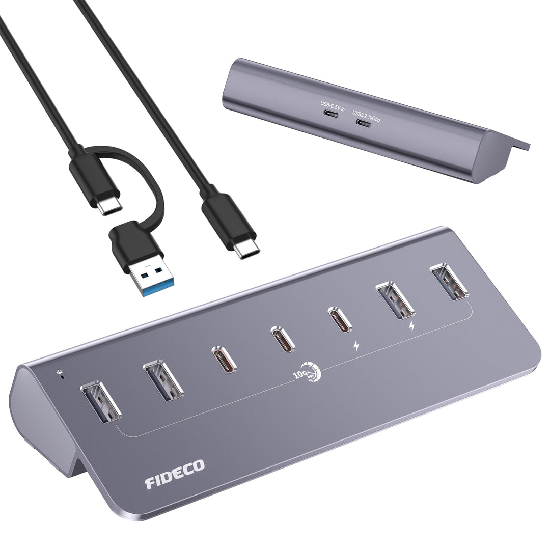 FIDECO USB Hub mit Netzteil, 7 Port USB 3.2 Gen 2, 10Gbit/s Schneller Datenhub, Vollaluminium-Verlän