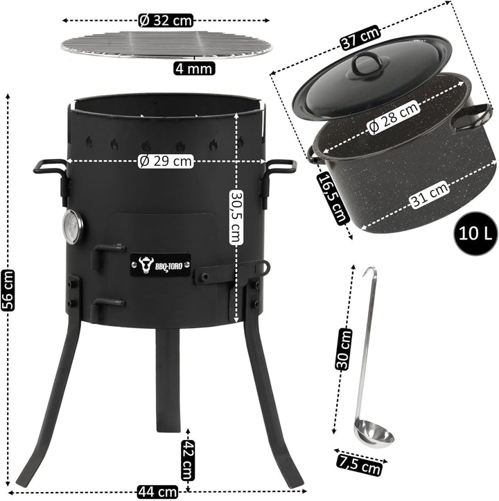 BBQ-Toro Eintopfofen Outdoor Ø 29 cm | Gulaschkanone mit Topf, Grillrost und Suppenkelle | Gulaschke