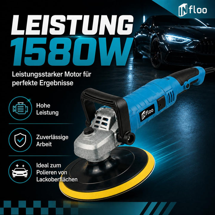 Rotations Poliermaschine 1580W – Auto Polierer 125mm, 500–3300 U/min, Drehzahlregelung, Poliermaschi