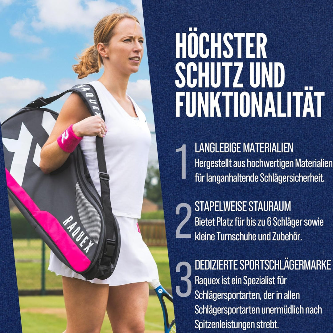 Raquex Schlägertasche für Tennis-, Badminton- und Squashschläger. Tennistasche für bis zu 6 Schläger