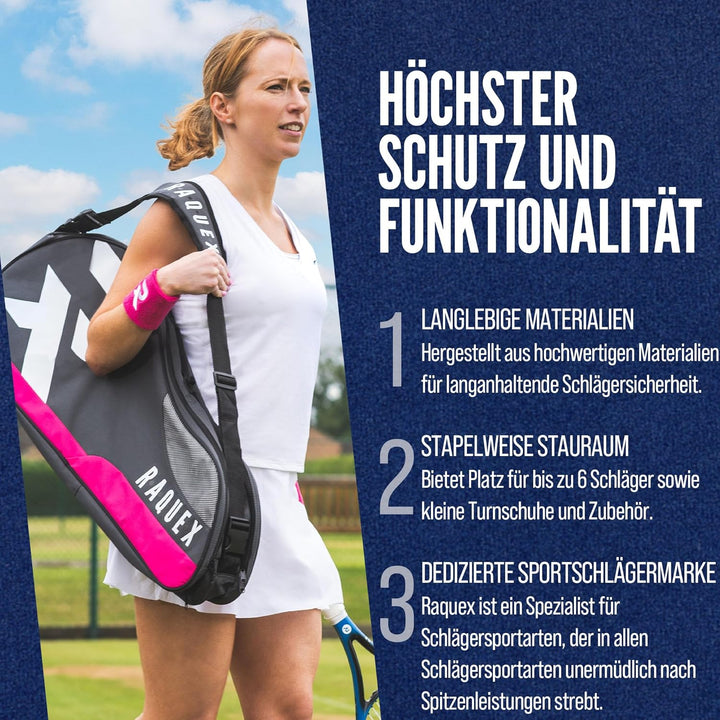 Raquex Schlägertasche für Tennis-, Badminton- und Squashschläger. Tennistasche für bis zu 6 Schläger