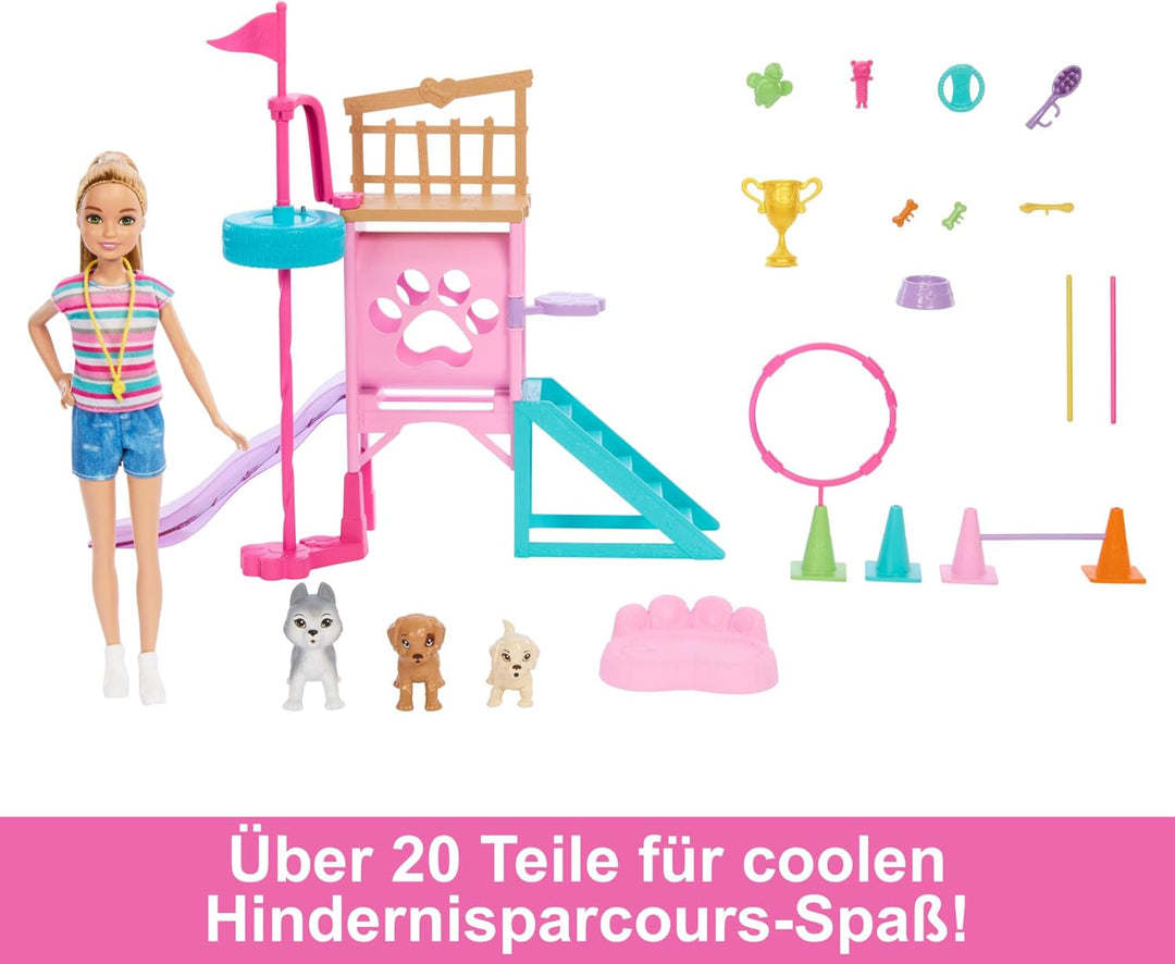 BARBIE und jüngere Schwester Stacie - Spielset mit Hündchen-Hindernisparcours mit drehendem Turm, Le