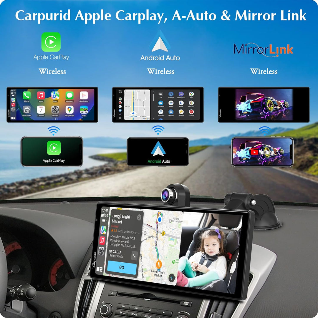 2025 Carpuride W903 Tragbares Kabelloses Carplay&Android Auto mit Dashcam 9,3-Zoll-HD-IPS-Bildschirm