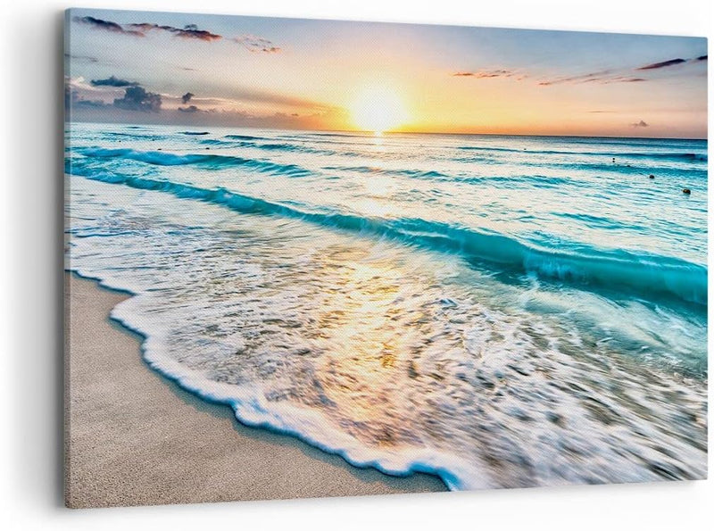 Bilder auf Leinwand 100x70cm Leinwandbild mit Rahmen Meer Welle Strand Gross Wanddeko Bild Schlafzim