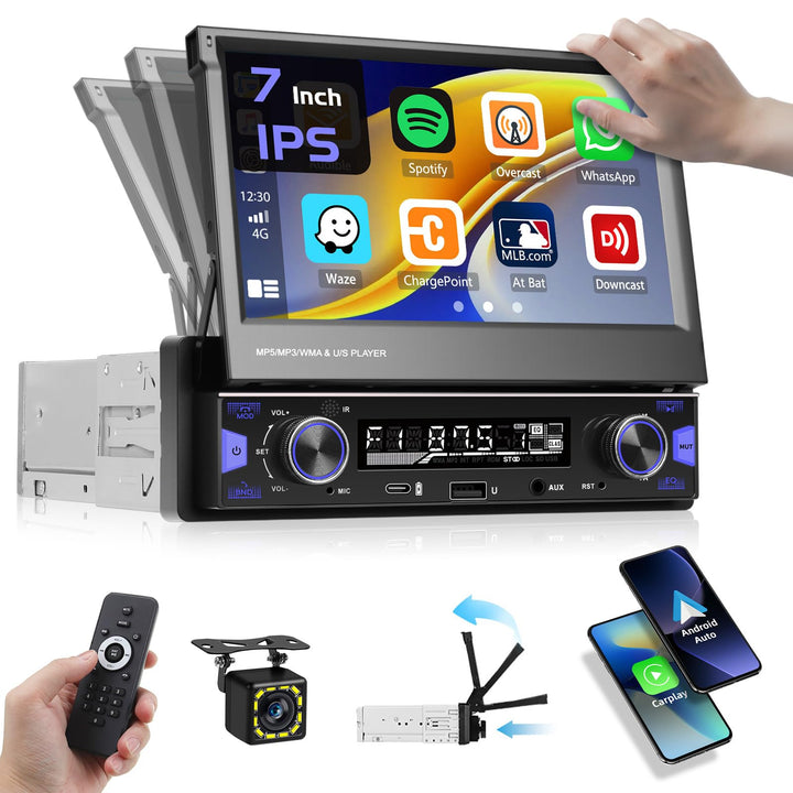 Hikity 1 Din Autoradio mit 7” IPS Manuell Einziehbarer Touchscreen Wireless Carplay Andriod Auto FM