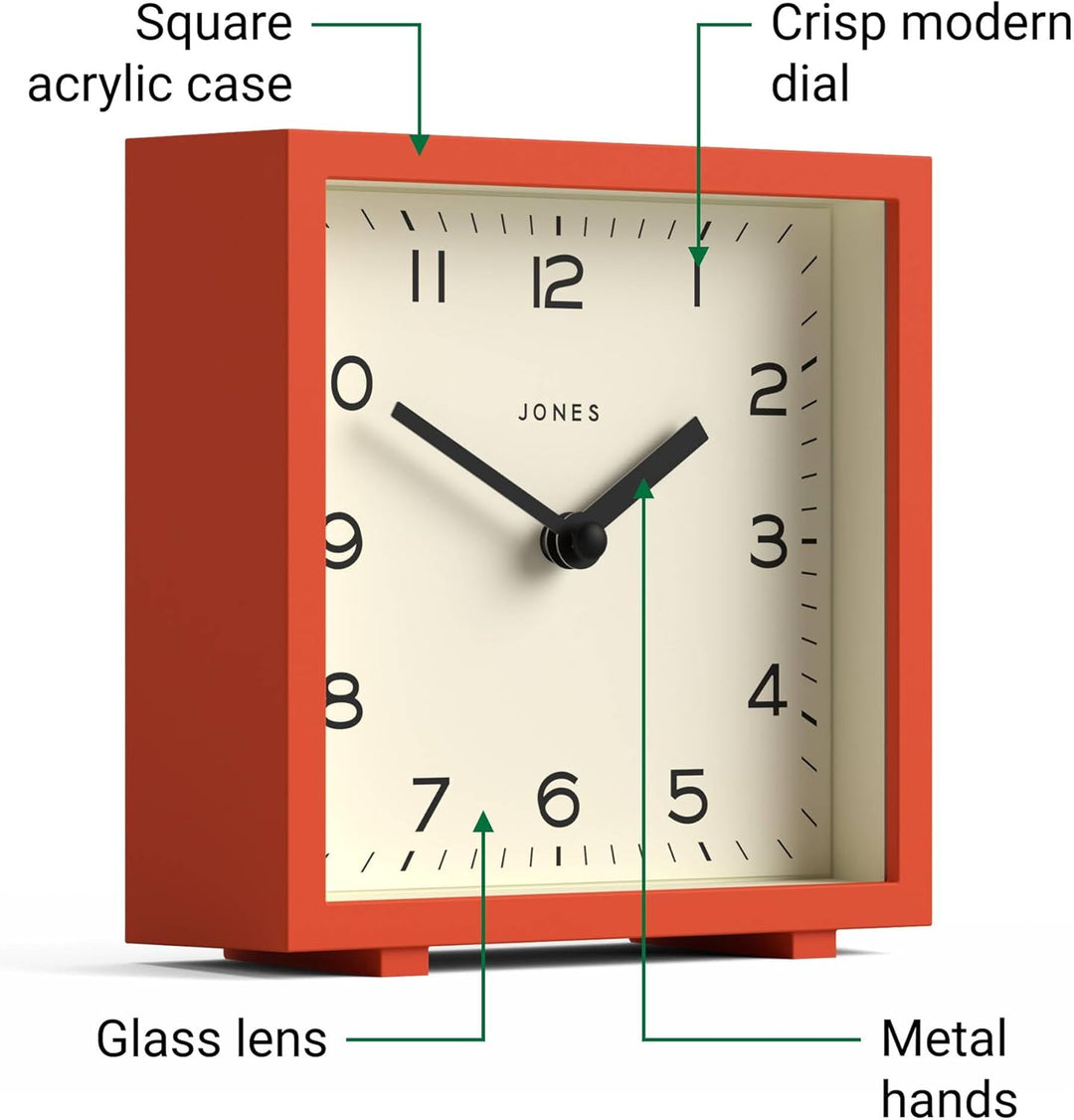 JONES CLOCKS® 'Disco' Schreibtischuhr – Elegantes quadratisches Design in Orange, stilvoll und gut a