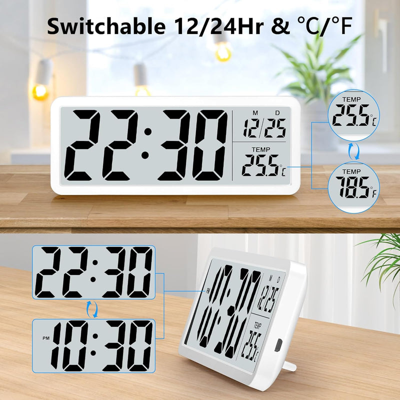 Sukeen Digitale Wanduhr batteriebetrieben, Wanduhr Digitaluhr mit grossen Ziffern, Temperatur, 12/24