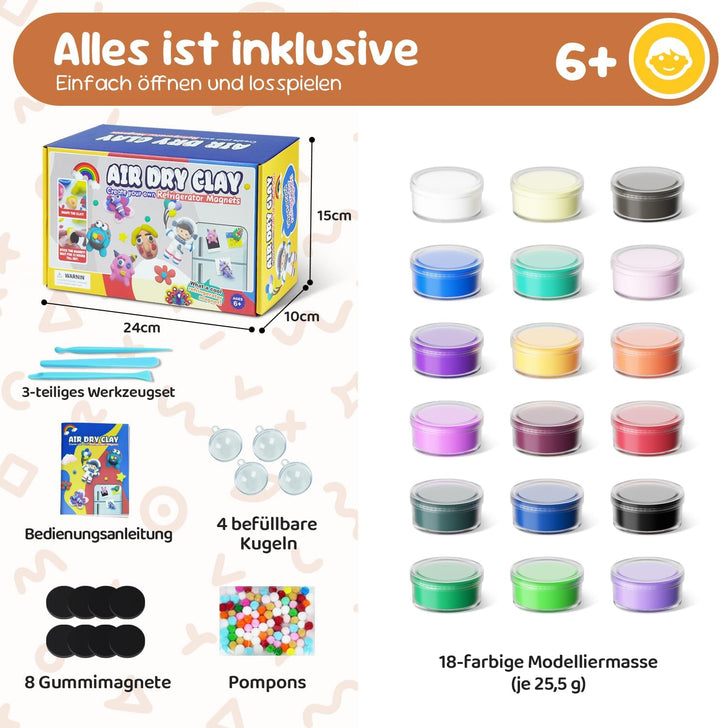 Kreatives DIY Knetset für Kinder ab 6 Jahren – Lufttrocknende Modelliermasse mit Anleitung & Magnetf