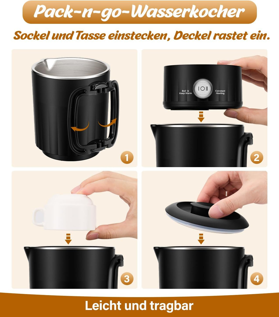 PAHTTO Faltbarer Reisewasserkocher aus Edelstahl, 800ml Tragbarer Wasserkocher elektrisch mit Kerami