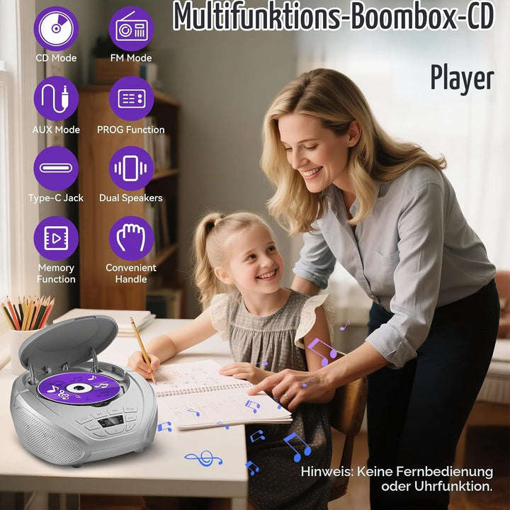 Gueray CD Player Tragbar Boombox Radio mit CD-Player CD Spieler mit Lautsprecher Display Unterstützu