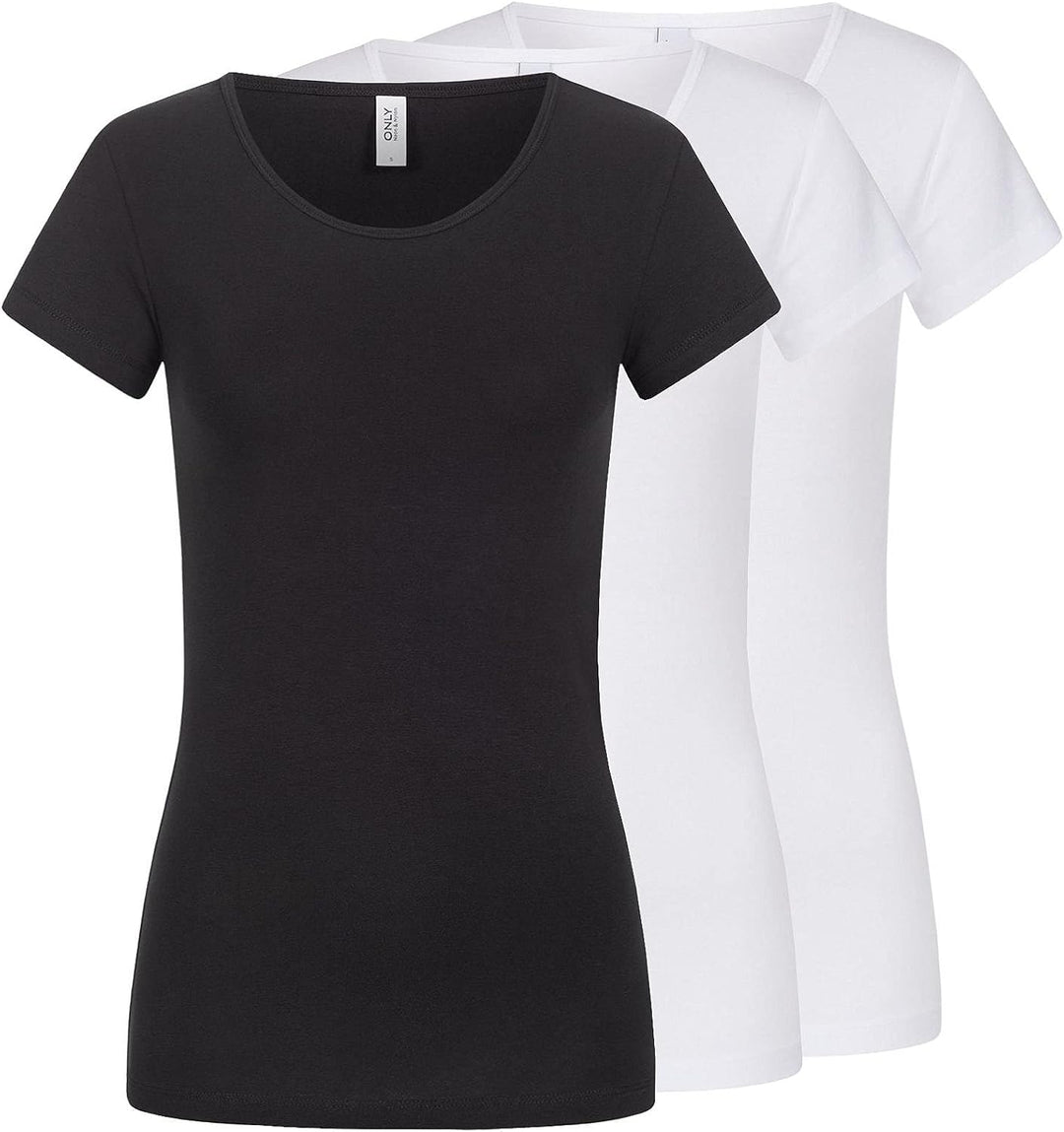 ONLY 3er Pack Damen T-Shirt schwarz oder weiss Kurzarm lang Basic Sommer T-Shirts XS S M L XL 152091