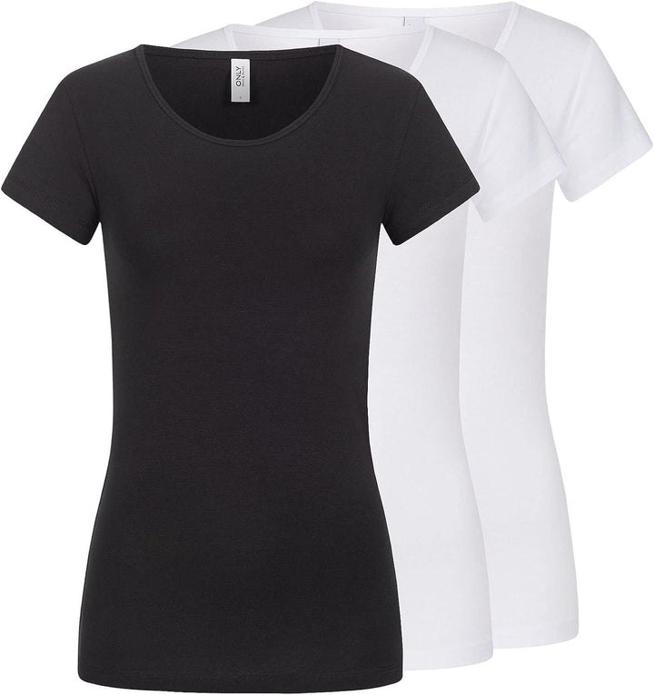 ONLY 3er Pack Damen T-Shirt schwarz oder weiss Kurzarm lang Basic Sommer T-Shirts XS S M L XL 152091