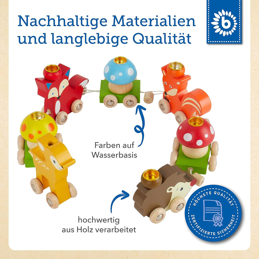 Bieco 23023083 Holz Geburtstagszug Waldtiere mit Zahlen 0-9, Mehrfarbig, 17 Stück (1er Pack)