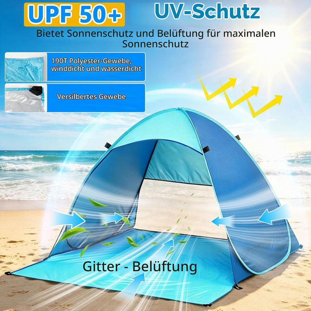 Pop Up Strandmuschel, UPF 50+, Windschutz Strand, Strandzelt für 1-3 Personen, inkl. Tragetasche und