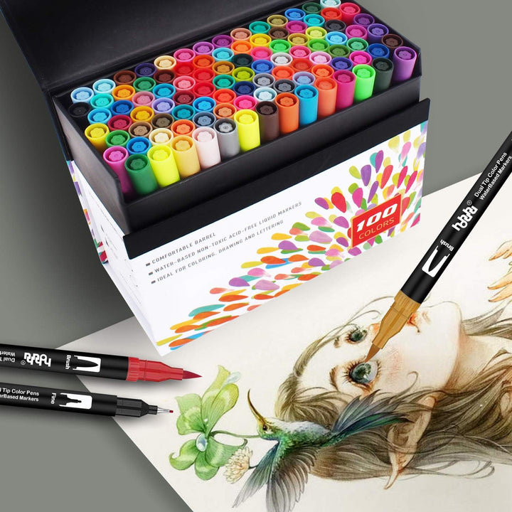 100 Farben Marker Set, Pinselstift Set Fasermaler, Aquarell Pinselstifte Marker Stift Set Doppelspit
