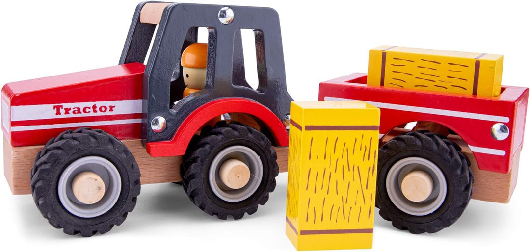 Woet® Holzspielzeug Traktor mit Anhänger für Kinder - Mit Heuballen - Bauernhof Fahrzeug Spielset -