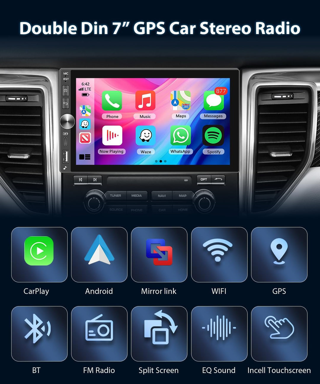 4GB+64GB 2 Din Carplay Autoradio mit Type-C, Android Auto Car Stereo mit GPS Navigation, WiFi, Bluet