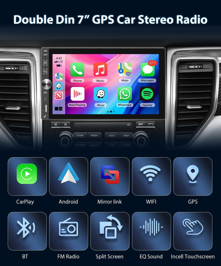 4GB+64GB 2 Din Carplay Autoradio mit Type-C, Android Auto Car Stereo mit GPS Navigation, WiFi, Bluet