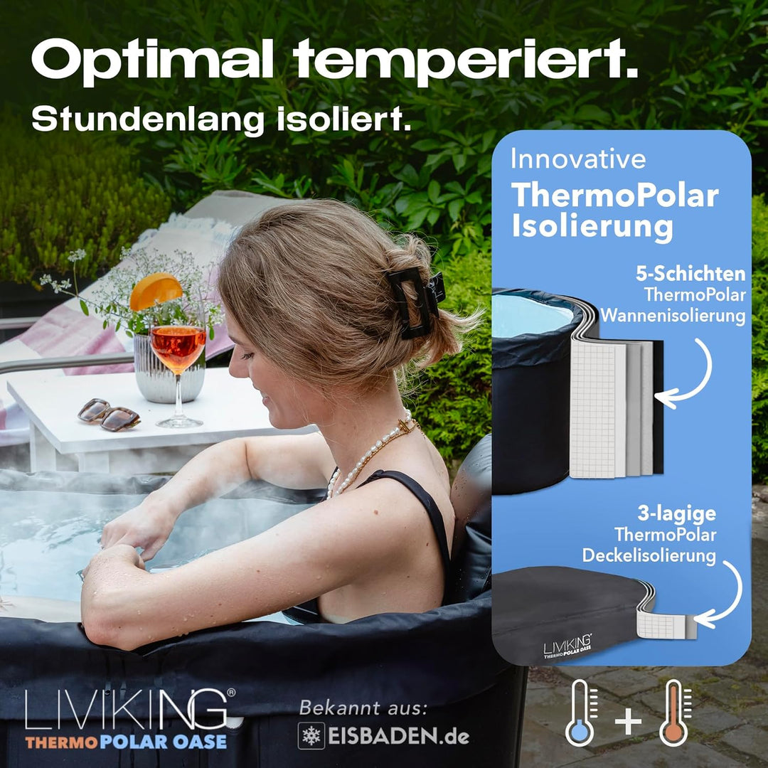 Eisbad 120 cm Komfort-Komplettset – faltbare Badewanne von LIVIKING® Schwarz 120 cm – Classic, Schwa