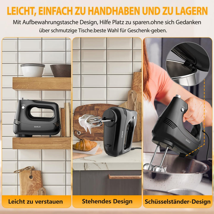 Elektrischer Handmixer 300W mit Edelstahl Schneebesen, Knethaken, Elektrische Handrührer,Turbo Boost