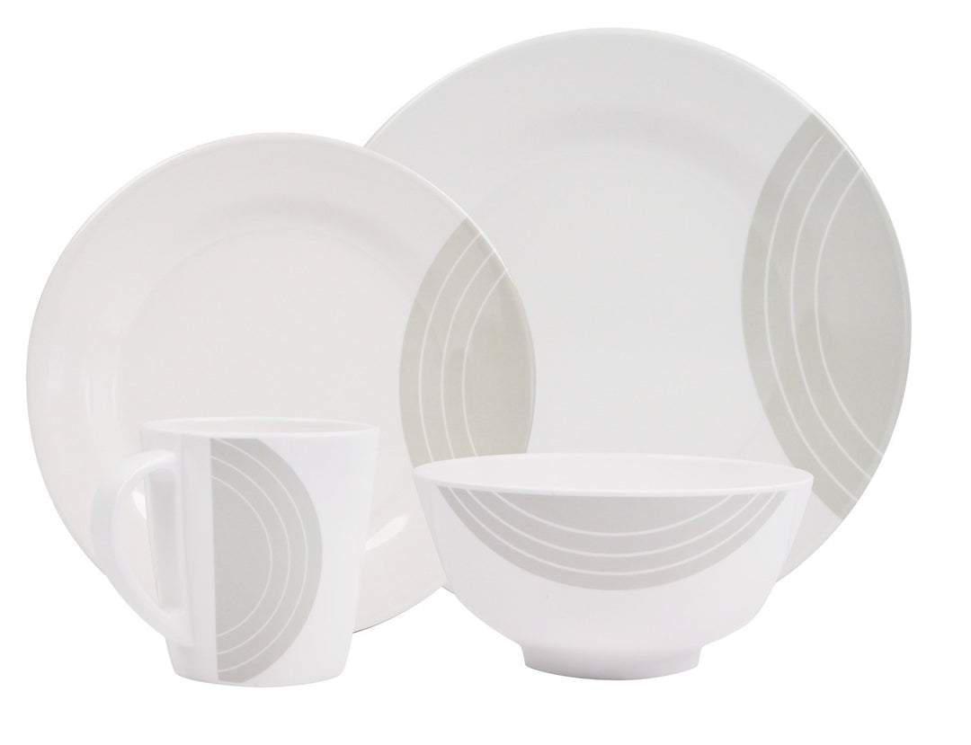 100% Melamin Geschirr Circle elfenbeinweiss/grau/rund - Set wählbar 1, 2, 4 oder 6 Personen - Outdoo