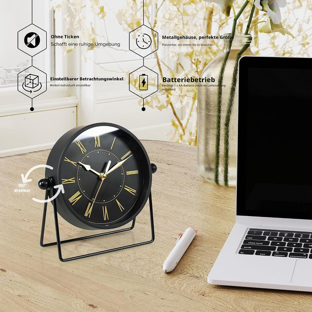 Vintage Metall-Tischuhr – Leise Kaminuhr ohne Ticken mit verstellbarem Winkel, Analoge Standuhr im R