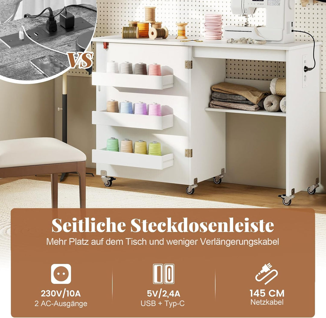 RELAX4LIFE 2 in 1 Nähtisch, Nähmaschinenschrank klappbar mit Ladestation, Nähschrank aus Holz mit Re