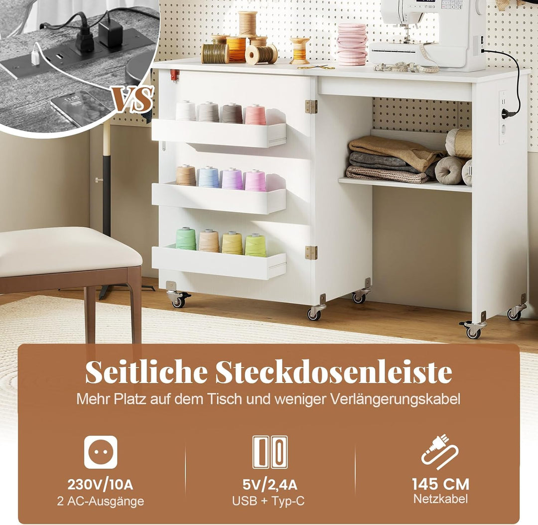 RELAX4LIFE 2 in 1 Nähtisch, Nähmaschinenschrank klappbar mit Ladestation, Nähschrank aus Holz mit Re