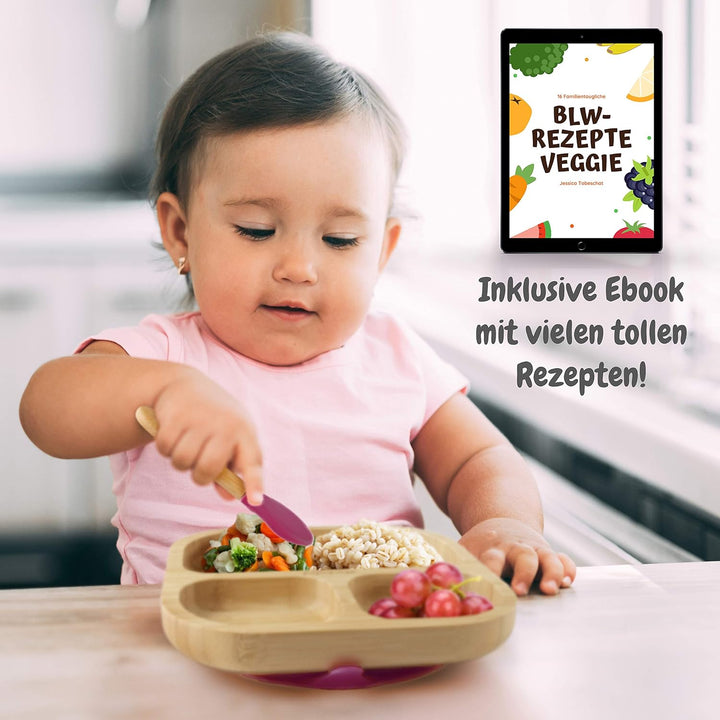 Kinderteller mit Saugnapf kirsche I Inkl. Rezepte-Ebook I rutschfester Babyteller aus Bambus mit Löf