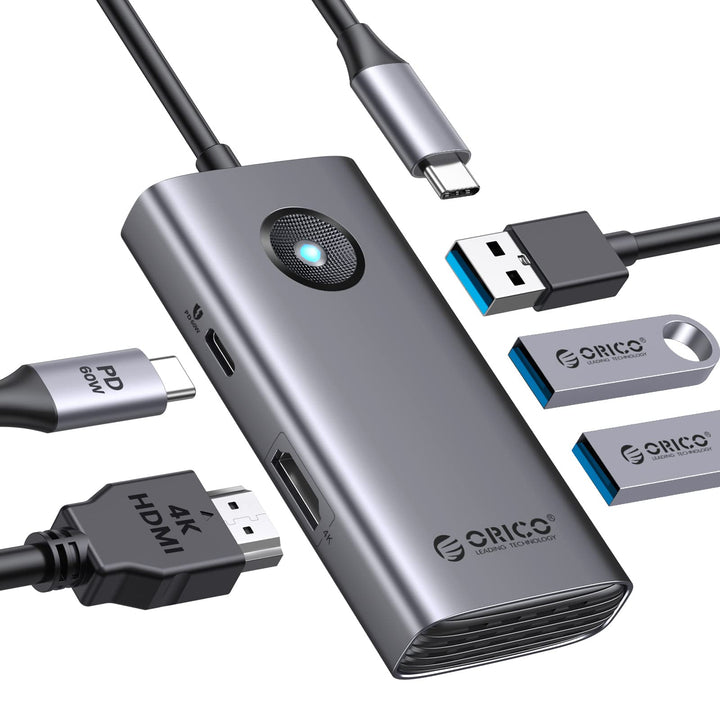 USB C Hub, ORICO 5-in-1 USB-C-Dockingstation mit 4K-HDMI, 60 W Stromversorgung, USB 3.0 5 Gbit/s und