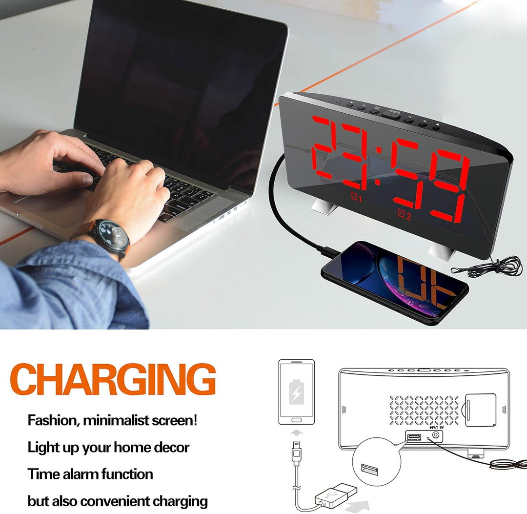 ThreeH Radio-Digitaluhr mit USB-Telefonladegerät 7,3'' LED Curved-Screen-Display mit Dimmer 2 Wecker