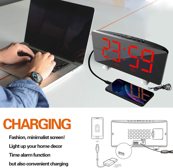 ThreeH Radio-Digitaluhr mit USB-Telefonladegerät 7,3'' LED Curved-Screen-Display mit Dimmer 2 Wecker