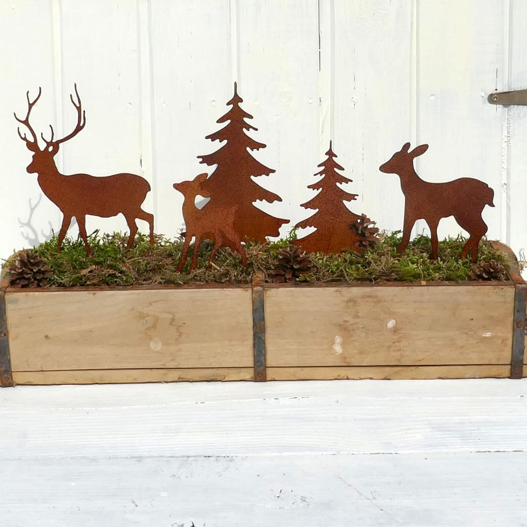 Gartenstecker Deko Rehe und Hirsche mit 2 Tannen in Rostpotik 5er Set - Weihnachtsdeko zum Basteln -