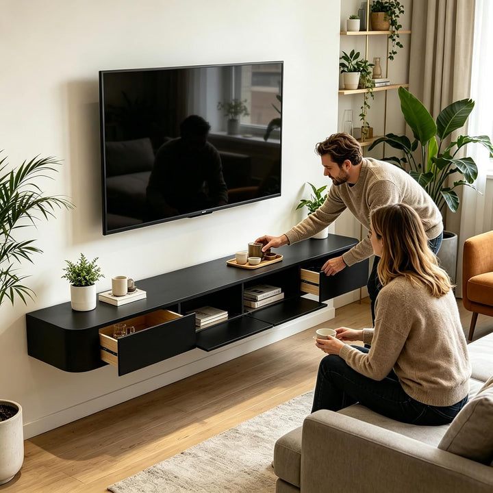 An der Wand befestigte TV-Konsole, Sich hin- und herbewegender TV-Ständer mit Schubladen und Tür, Me
