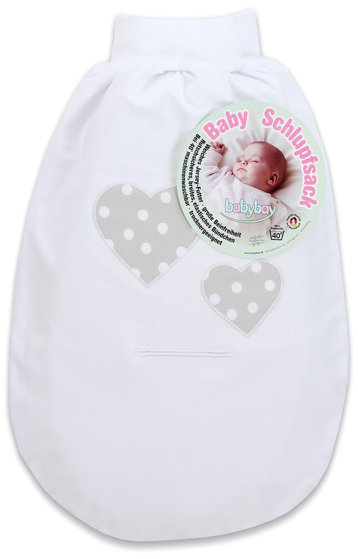 babybay Schlupfsack Organic Cotton mit Gurtschlitz, weiss Applikation Herz perlgrau Punkte weiss, we