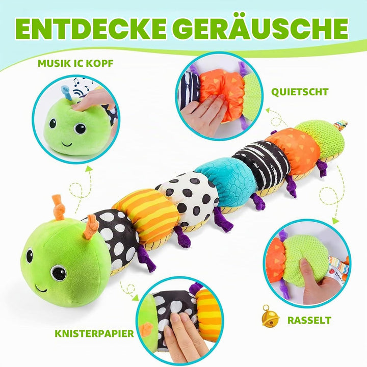 Raupe Plüschtier Spielzeug, Baby Spielzeug 0 3 6 Monate, Sensorik Raupe Mit Greifling, Rassel, Spieg