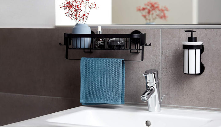 WENKO Wandablage mit Haken Classic Plus Black, Stahl, 35 x 10.5 x 12.5 cm, Schwarz Uno mit Haken Sin