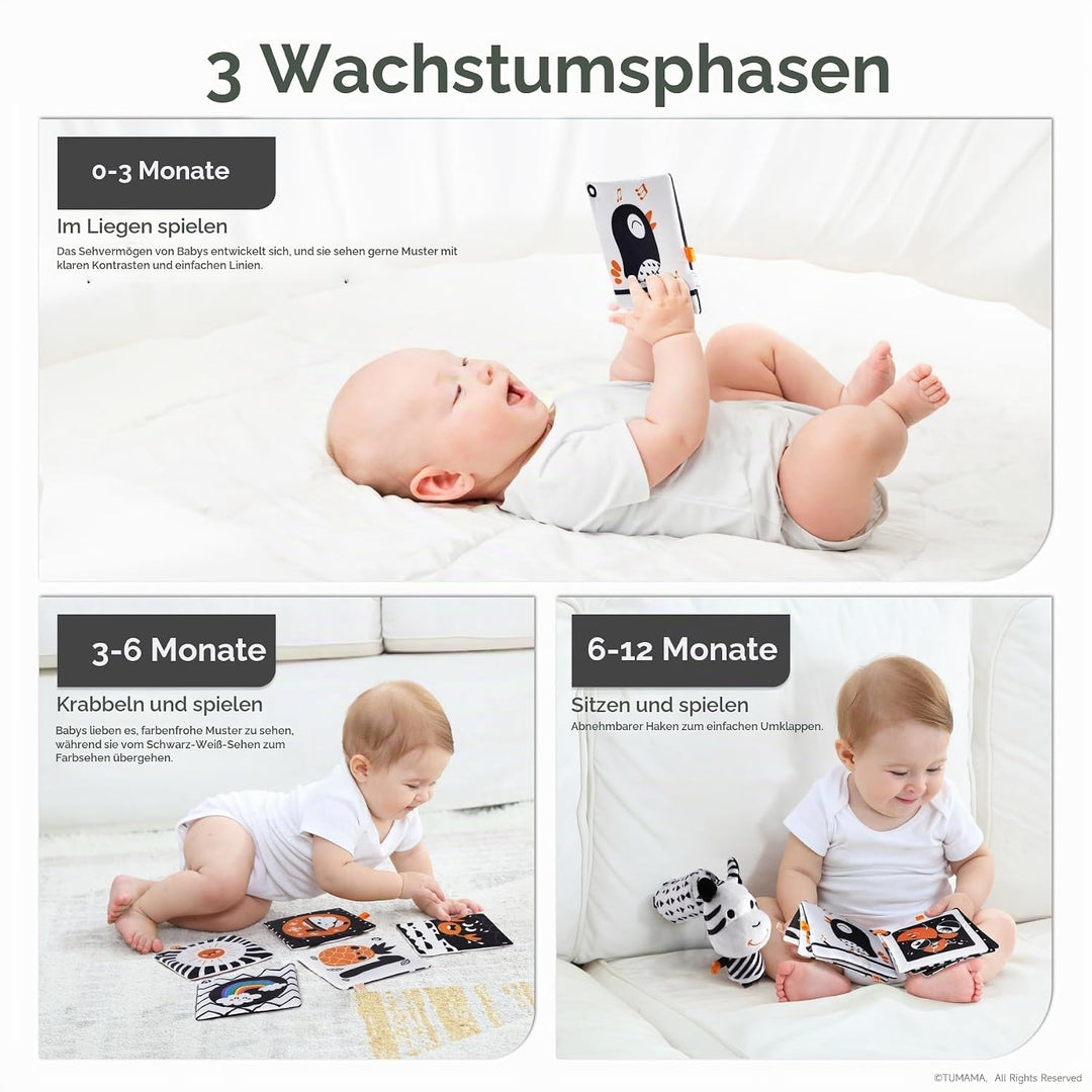 TUMAMA Kontrast Schwarz Weiss Baby Kinderwagen Spielzeug ab 0 2 3 4 6 8 9 Monate, 4pcs Kontrastbuch
