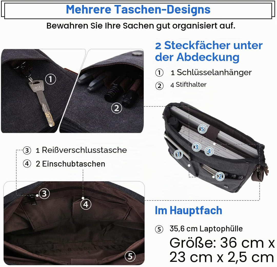 VX VONXURY Umhängetasche für Männer und Frauen, Canvas 14 Zoll Laptoptasche Messenger Bag Arbeitstas