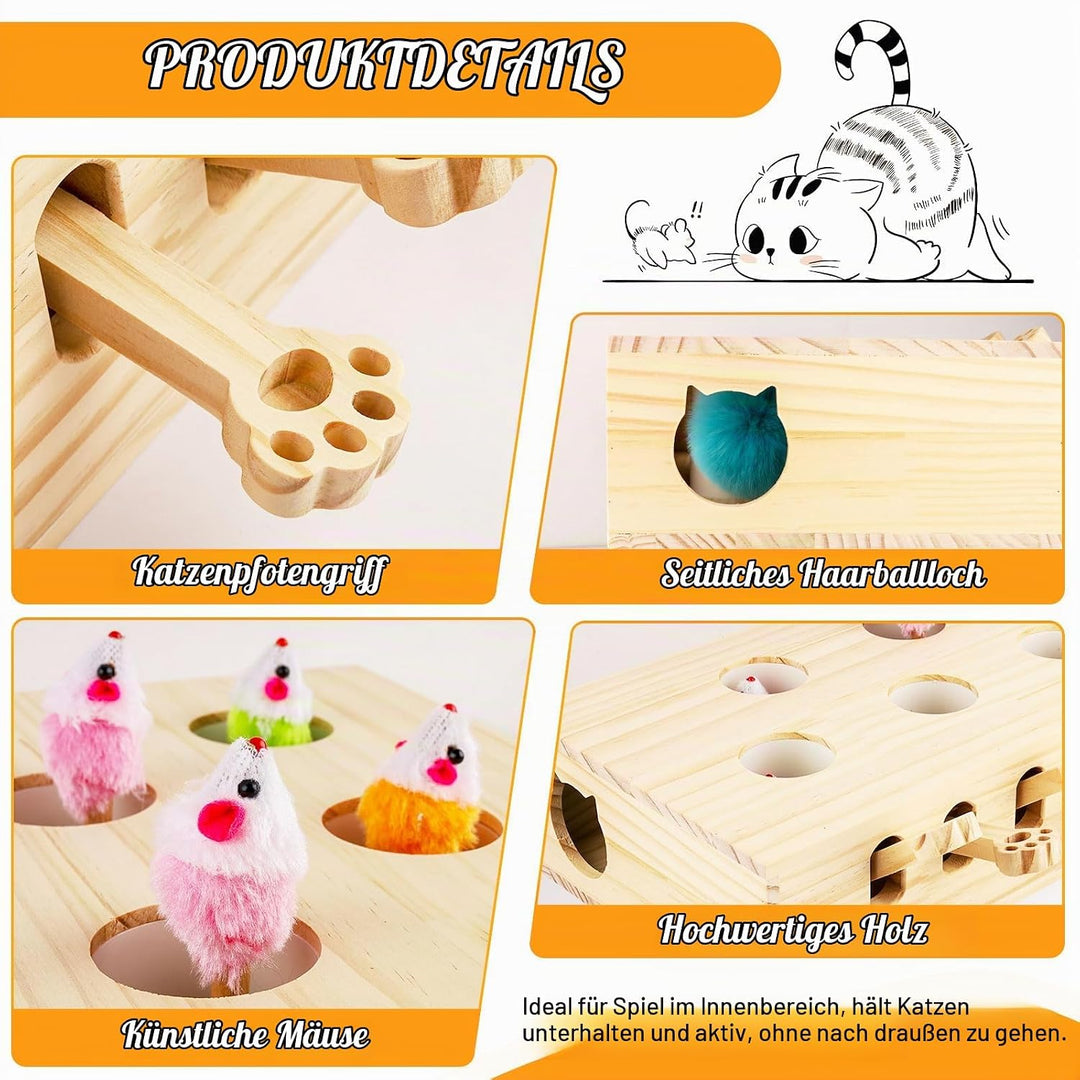 Interaktives Katzenspielzeug Holz Spielzeug, Maulwurf Maus, Puzzle Box mit Spielzeugen für Katzen, J