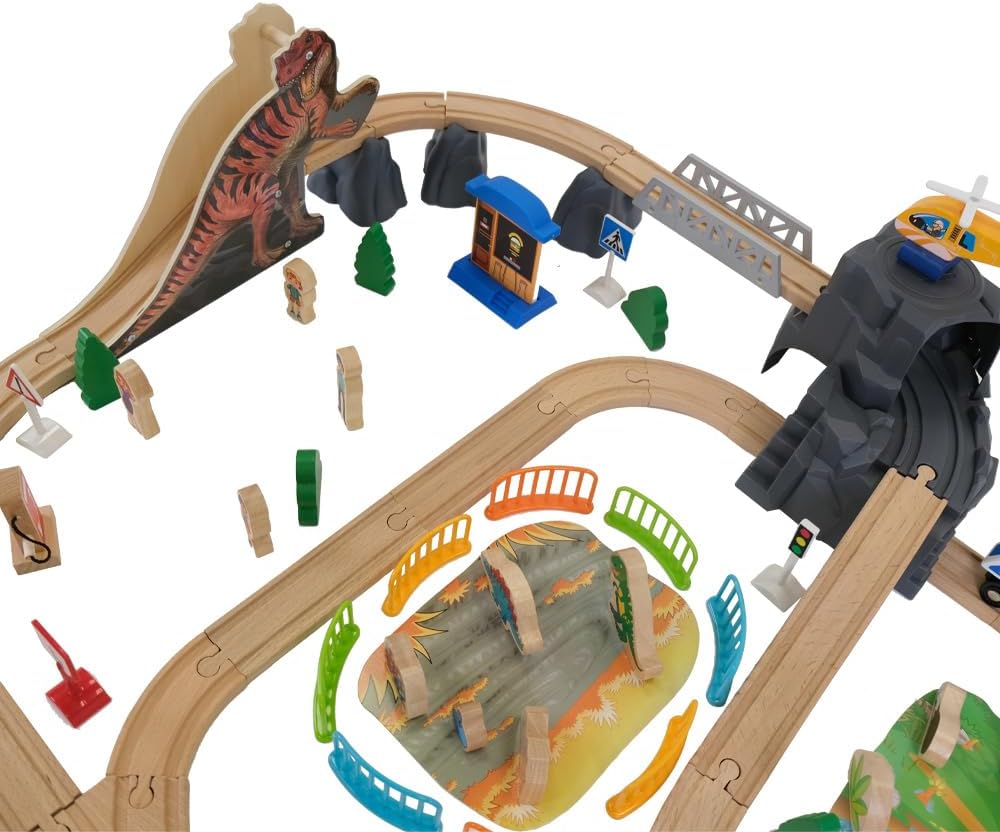 Bandits & Angels Holzeisenbahn-Set Dinosaurier 90 Teile ab 3 Jahren für Jungen und Mädchen – Holzeis