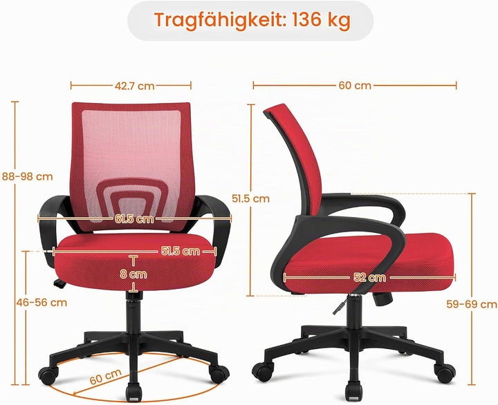 Yaheetech Bürostuhl Ergonomisch, Schreibtischstuhl mit Netzbespannung und Armlehnen, Drehstuhl aus M