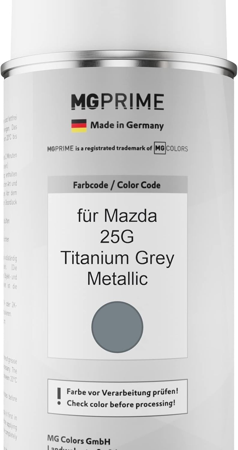 MG PRIME Autolack Sprühdosen Set für Mazda 25G Titanium Grey Metallic Basislack Klarlack Spraydose 4