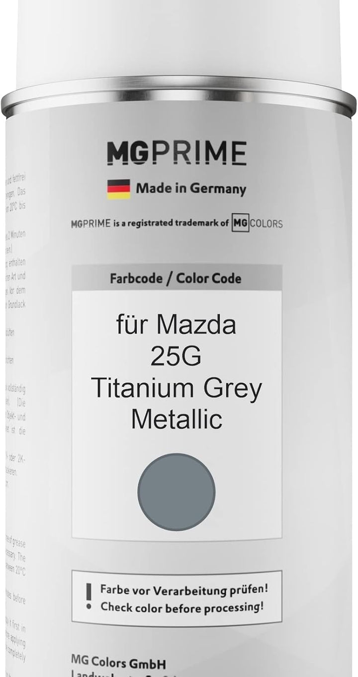 MG PRIME Autolack Sprühdosen Set für Mazda 25G Titanium Grey Metallic Basislack Klarlack Spraydose 4