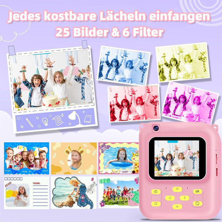 Kinder Sofortbildkamera 1080P, Digitalkamera für Kinder mit Sofortdruck, 32GB Speicherkarte & 3 Druc