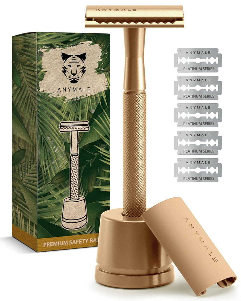 ANYMALE® Rasierhobel Gold Edition - Damen Set mit Ständer und 5 ASTRA Klingen - Plastikfreier Rasier