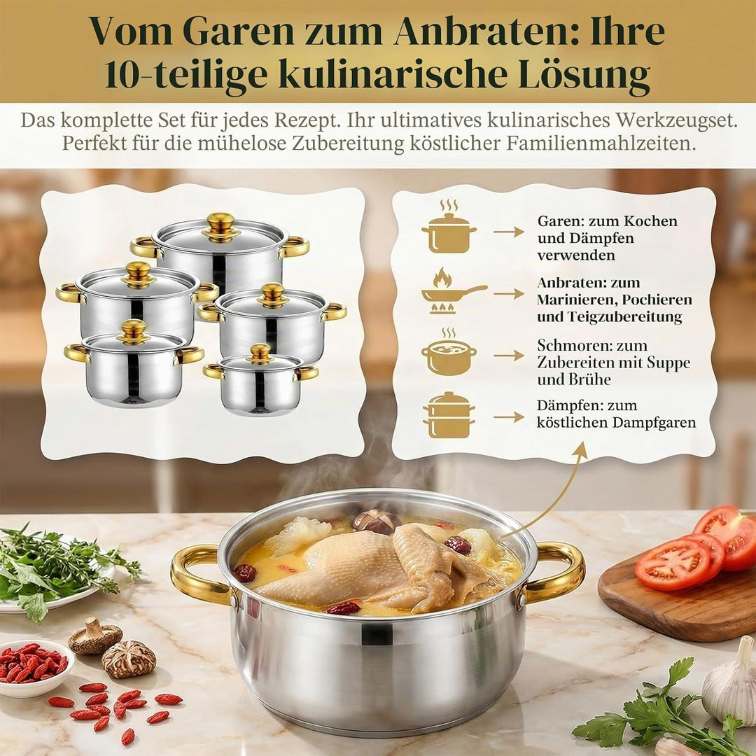 Kochtopf-Set 5-teilig, Edelstahl Topfset mit Glasdeckel und Stielkasserolle, Für Induktion und Alle