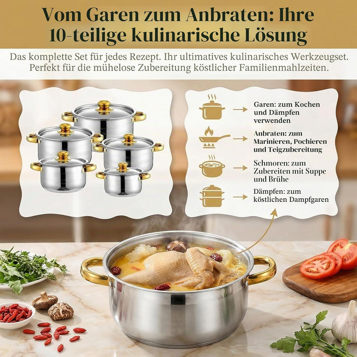 Kochtopf-Set 5-teilig, Edelstahl Topfset mit Glasdeckel und Stielkasserolle, Für Induktion und Alle
